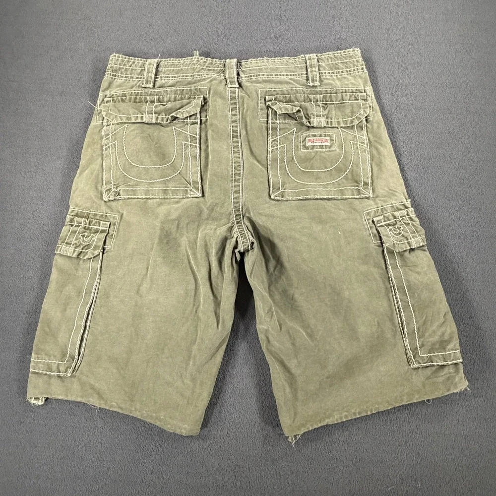 True Religion Mens Super T Cargo Shorts Olive Green White Stitch Y2K Size 34 37